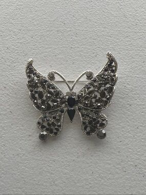 Silver-Tone Butterfly Brooch with Black Crystals